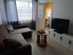 a living room with a couch and a flat screen tv at Rahu34 in Jõhvi