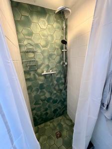 a bathroom with a shower with a green tiled floor at Strandzicht Zandvoort in Zandvoort