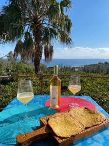 een tafel met twee glazen en een fles wijn bij Sa Domu De Orrì al Mare in Tortolì