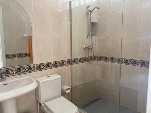 een badkamer met een douche, een toilet en een wastafel bij Aparthotel Praia Baixo in São Tiago