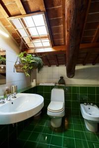 a green bathroom with a sink and a toilet at L’Abbaino in Vicenza