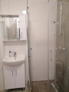 a white bathroom with a shower and a sink at Luxury 4-rooms, 2-bathrooms, Obor area in Bucharest