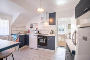 eine Küche mit blauen Schränken und einem weißen Gerät in der Unterkunft Le Relais de l'Ormeau - Charmant gîte pour 4 pers. in Lussault-sur-Loire + 12 Fotos