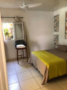 1 dormitorio con 1 cama, 1 silla y 1 ventana en Villa Tikoinjoli, en Saint-Pierre