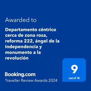 Πιστοποιητικό, βραβείο, πινακίδα ή έγγραφο που προβάλλεται στο Departamento céntrico cerca de zona rosa, reforma 222, ángel de la independencia y monumento a la revolución