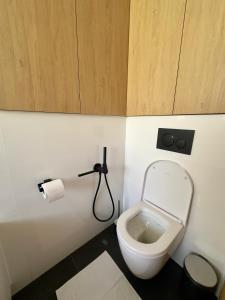 La salle de bains est pourvue de toilettes et d'un rouleau de papier toilette. dans l'établissement Apartmán Olívia, à Šamorín