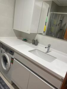 uma cozinha branca com um lavatório e uma máquina de lavar roupa em Site em Istambul