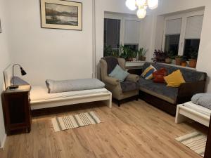 Apartman Slonek في نوفي ميستو نا مورافي: غرفة معيشة مع أريكة وكرسيين
