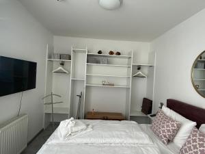 1 dormitorio con 1 cama y TV de pantalla plana en strandnahe FeWo mit Schwimmbad im Haus, a cappella 03, Binz, en Binz