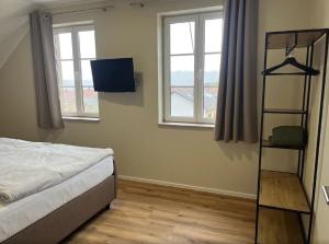 1 Schlafzimmer mit einem Bett, einem TV und 2 Fenstern in der Unterkunft Feriendomizil im Saarschleifenland in Mettlach