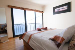 a bedroom with a bed and a large window at Casa Nici in Calheta
