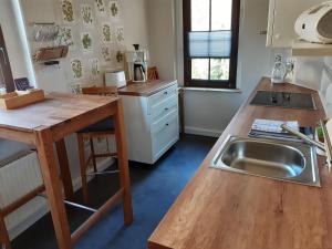 eine Küche mit einer Spüle und einer hölzernen Arbeitsplatte in der Unterkunft NEU! Moderne Ferienwohnung Zwickau in Zwickau