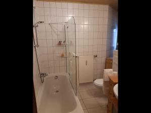 ein Badezimmer mit einer Dusche, einer Badewanne und einem WC in der Unterkunft NEU! Moderne Ferienwohnung Zwickau in Zwickau