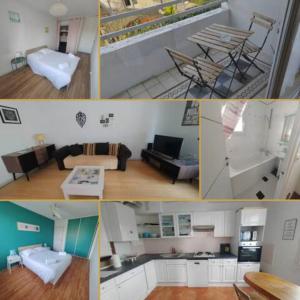 een collage van foto's van een woonkamer en een keuken bij L'Edison *T3* proche hôpital in Orléans