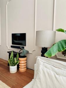 uma sala de estar com vasos de plantas e uma televisão em Familiehuis aan zee met ruim dakterras em Zandvoort