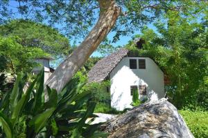 a white house with a tree in front of it at Eco Lodge Cristal Nosy Komba in Nosy Komba