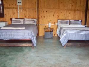 twee bedden in een kamer met houten wanden bij Inkwazi Getaway Lodge in Manzini