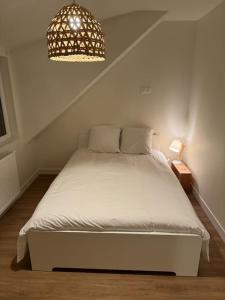 1 dormitorio con cama blanca y lámpara de araña en Le pavillon de César en Quesnoy-sur-Deûle