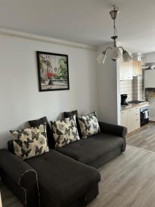 a living room with a couch and a kitchen at Warm Apartament Nou in Bacău