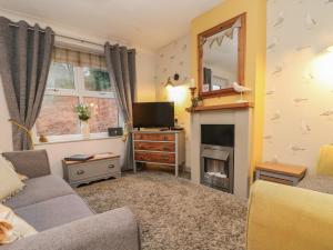 ein Wohnzimmer mit einem TV und einem Kamin in der Unterkunft Fauna's Corner in Whitby