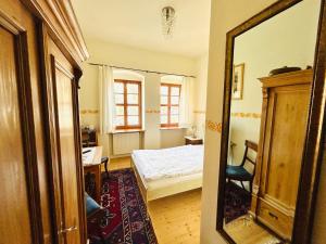 una camera con letto e specchio di Alte Gerberei a Bautzen
