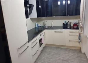a small kitchen with white cabinets and a sink at Sunny modern apartment with 2 rooms with a view and good connections to the centre in Prague