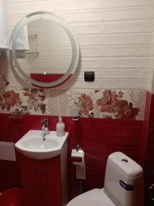 ein Badezimmer mit einem WC, einem Waschbecken und einem Spiegel in der Unterkunft КръчмЪ при Байката Alpin in Ribarica