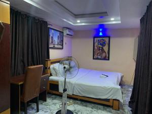 イバダンにあるUmbrella properties - Eleyele Ibadanのベッド、デスク、ファンが備わる客室です。