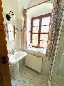 uma casa de banho com um lavatório, um chuveiro e uma janela. em Alte Gerberei em Bautzen