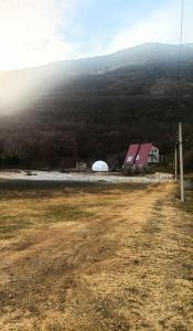 a dirt road with a barn and a house at Ze Oni Glamping in Tbilisi City