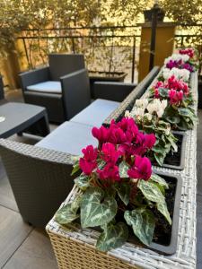 dos cestas de flores rosas sentadas en una mesa en Maglo Station, en Bolonia