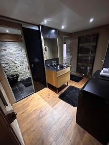 een grote badkamer met een wastafel en een spiegel bij cozy in Montbéliard
