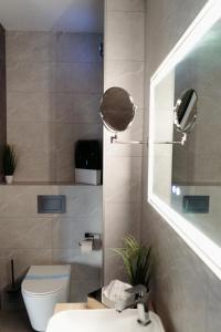 a bathroom with a toilet and a sink and a mirror at RIVA Boutique Hotel in Szeged