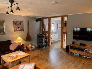 a living room with a couch and a flat screen tv at Ferienwohnung Hexenstube 2 in Tanne