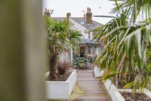 a house with palm trees and a wooden walkway at Starboard Light in Whitstable