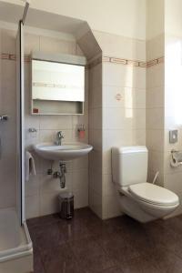 La salle de bains est pourvue de toilettes et d'un lavabo. dans l'établissement Boutique-Hotel Antica Posta, à Ascona