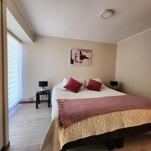 a bedroom with a large bed with red pillows at Departamento para 4 personas en 2° piso. in Talca