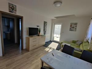 Una sala de estar con un sofá verde y un televisor. en Apartmán Anamo, en Vrchlabí