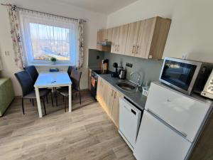 een kleine keuken met een wastafel en een tafel bij Apartmán Anamo in Vrchlabí +7 foto's