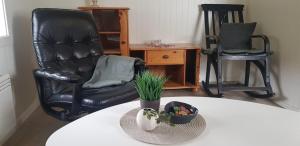 a room with a table with a black chair and a plant at Lofoten - Koselig leilighet for 3 personer. in Sund