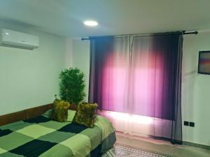 a bedroom with a bed and a purple curtain at Luxury apartament airport in Málaga