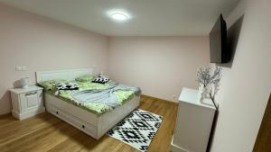 a bedroom with a bed and a tv on a wall at Casa Vio in Buşteni