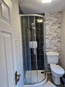 een badkamer met een toilet en een glazen douche bij Ideal for short stays in Cork