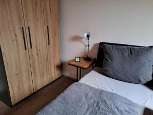 1 dormitorio con 1 cama, armario y lámpara en Plapperer`s Fewo en Schernfeld