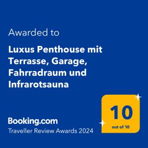 a yellow sign with the text awarded to luxuserateerate hit transferage at Luxus Penthouse mit Terrasse, Garage, Fahrradraum und Infrarotsauna in Merano