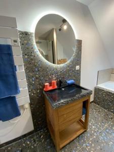 La salle de bains est pourvue d'un lavabo et d'un miroir. dans l'établissement La Félicita Calais Plage, à Calais