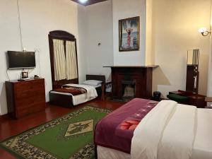 Habitación con 2 camas, TV y chimenea. en Princess Bungalows, en Nuwara Eliya