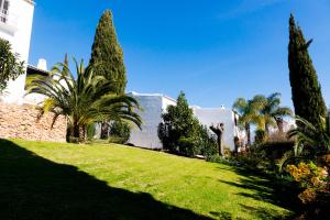 um quintal verde com palmeiras e um edifício em The Albufeira Concierge - Villa Praia São Rafael em Albufeira