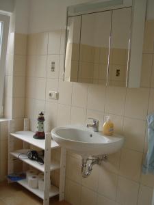a bathroom with a sink and a mirror at Arbshagen in Groß Kordshagen