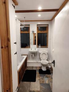 a bathroom with a toilet and a sink at Kempies-Cozy house on the NC500 in Durness